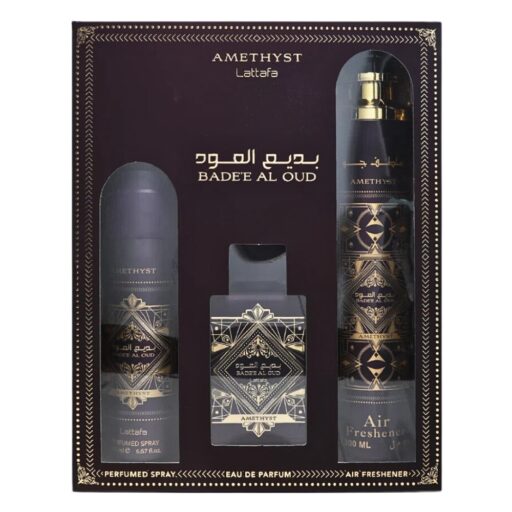 SET LATTAFA BADEE AL OUD AMETHYST AMBIENTADOR PERFUMADO 300ML BODY SPRAY 200ML EDP 100ML (U)
