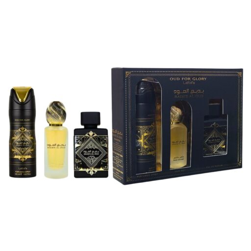 SET LATTAFA BADEE AL OUD FOR GLORY HAIR MIST 50ML BODY SPRAY 200ML EDP 100ML (H)