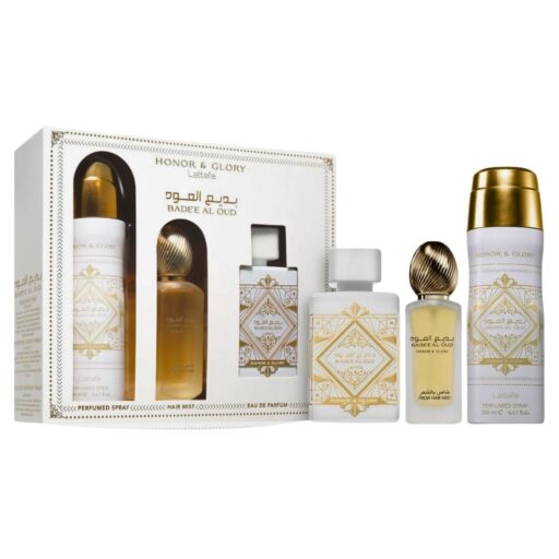 SET LATTAFA BADEE AL OUD HONOR & GLORY HAIR MIST 50ML BODY SPRAY 200ML EDP 100ML (U)