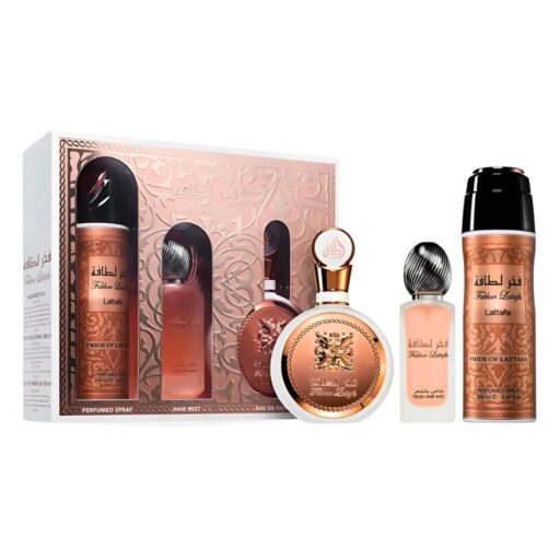 SET LATTAFA FAKHAR ROSE BODY SPRAY 200ML HAIR MIST 50ML EDP 100ML (M)