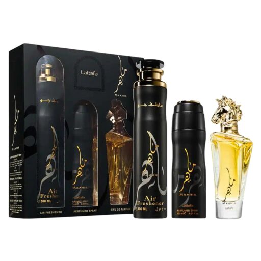 SET LATTAFA MAAHIR AMBIENTADOR PERFUMADO 300ML BODY SPRAY 200ML EDP 100ML (H)